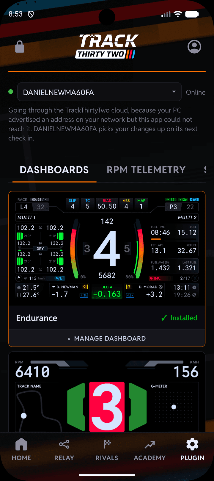 Plugin Control in the TrackThirtyTwo app: a rig's dashboards drawn as previews, with the Endurance dashboard marked installed