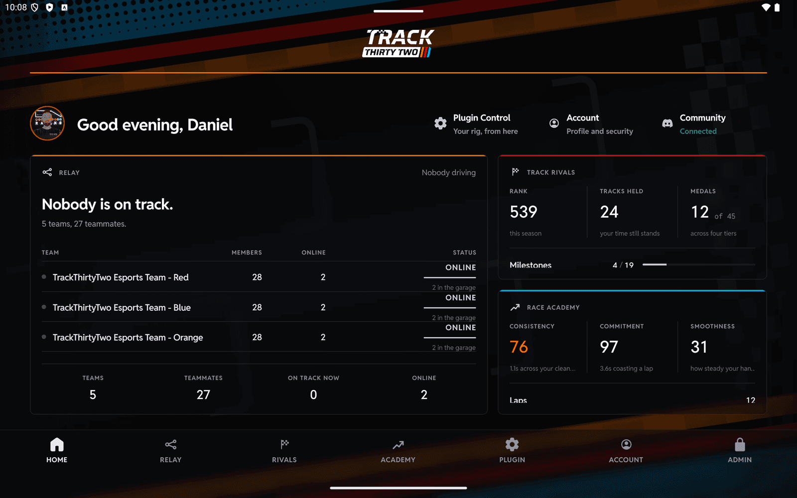 The TrackThirtyTwo app on a tablet: the Home page with the Relay, Track Rivals and Race Academy tiles above the tab bar