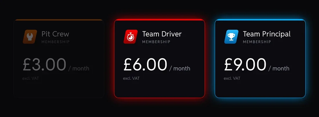 The three memberships with Team Driver and Team Principal lit, the two that include Control Decks