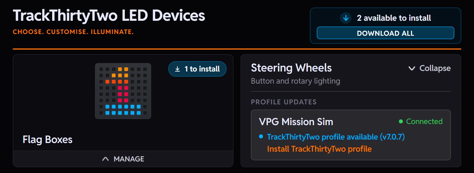 The plugin LED Devices hub: two profiles available to install with Download all, a flag box waiting for its profile, and the VPG Mission Sim wheel with its TrackThirtyTwo profile ready to install.