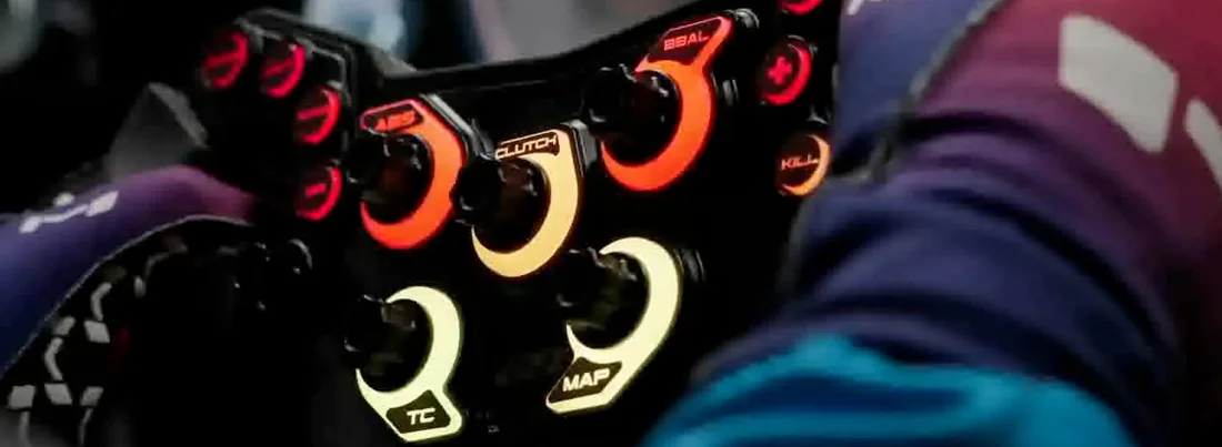 Cockpit photo: gloved hands on a wheel whose button and rotary LEDs are lit in race colours.