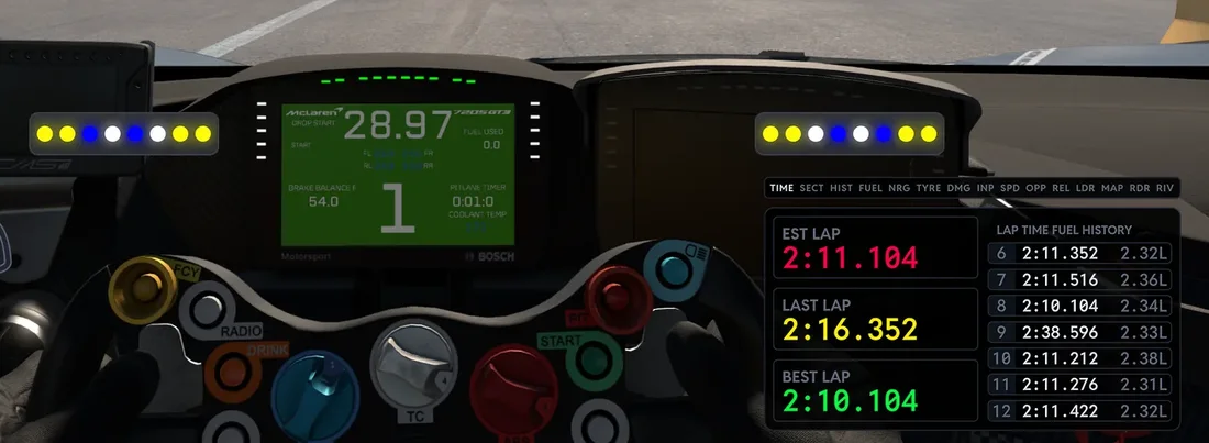Overlays live in the sim (iRacing, McLaren GT3 at Spa): the Virtual Brows either side of the car's own dash and the Virtual Box with est/last/best lap and lap h