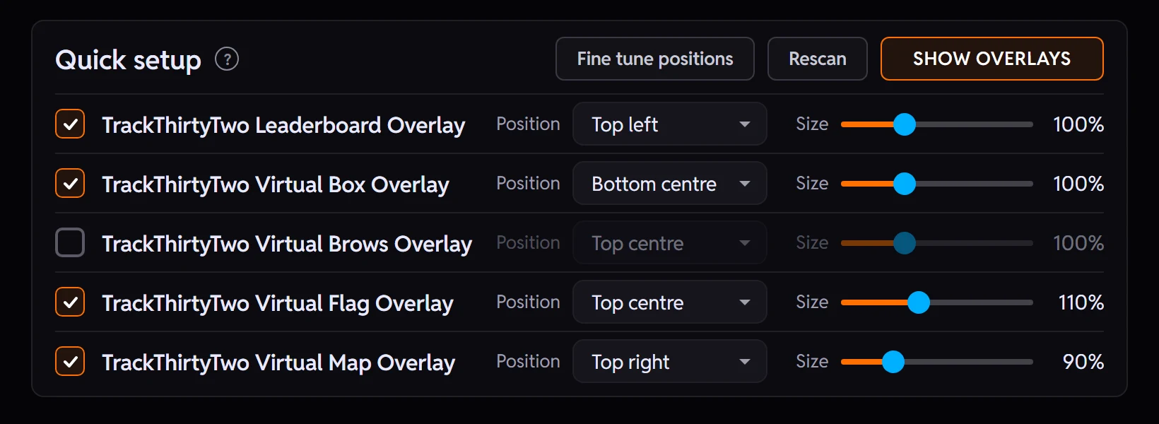 The plugin's overlay Quick setup listing all five TrackThirtyTwo overlays, four ticked and one unticked, each with its screen position and size, and a SHOW OVERLAYS button.