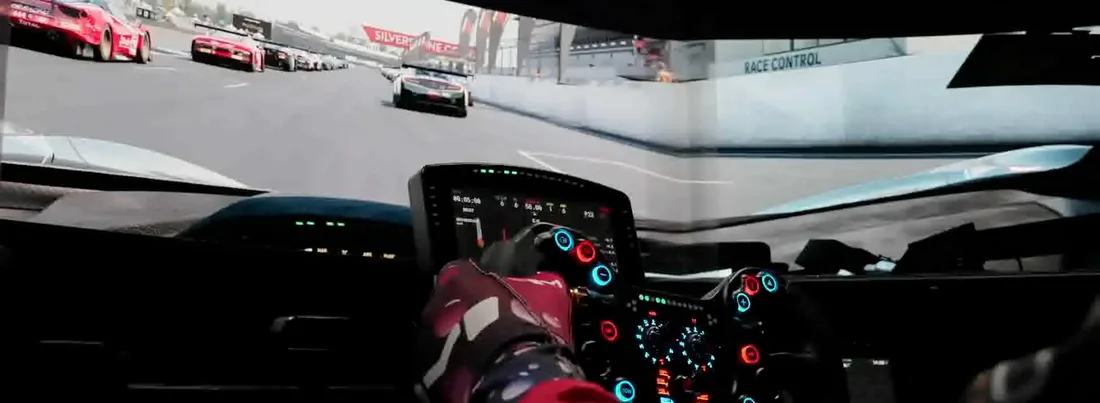 Cockpit photo: gloved hands on the wheel, racing in a pack on the sim screen. The 'just drive' step.
