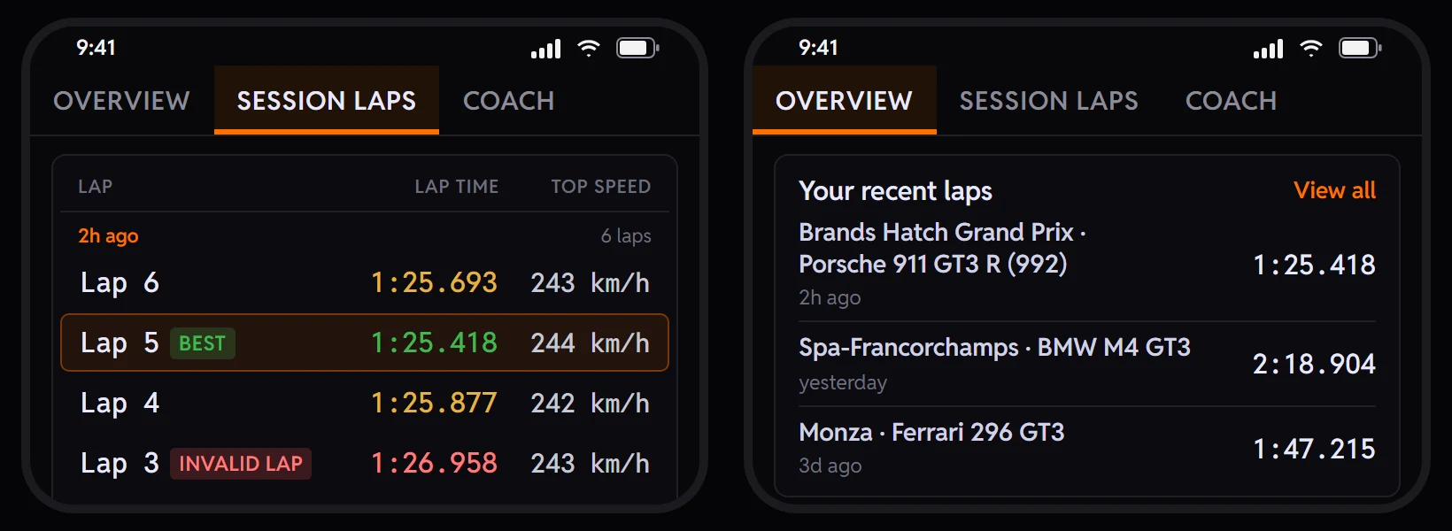Two phone screens of the TrackThirtyTwo app's Race Academy: the Session Laps table listing every lap of the session with its lap time and top speed, Lap 5 marked best and Lap 3 flagged invalid, beside Your recent laps keeping the fastest lap for each track and car.
