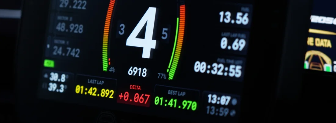 Photo of the TrackThirtyTwo Endurance dash in the cockpit showing BEST LAP 01:41.970 and DELTA +0.067 live alongside last lap and sector times.