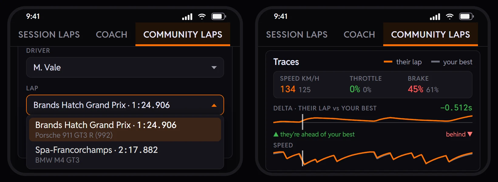 Two phone screens of the TrackThirtyTwo app's Community Laps: a community driver picked and the lap list open on their laps at Brands Hatch and Spa in different cars, beside the Traces card laying their lap over your best with the delta showing them finish 0.512s ahead.