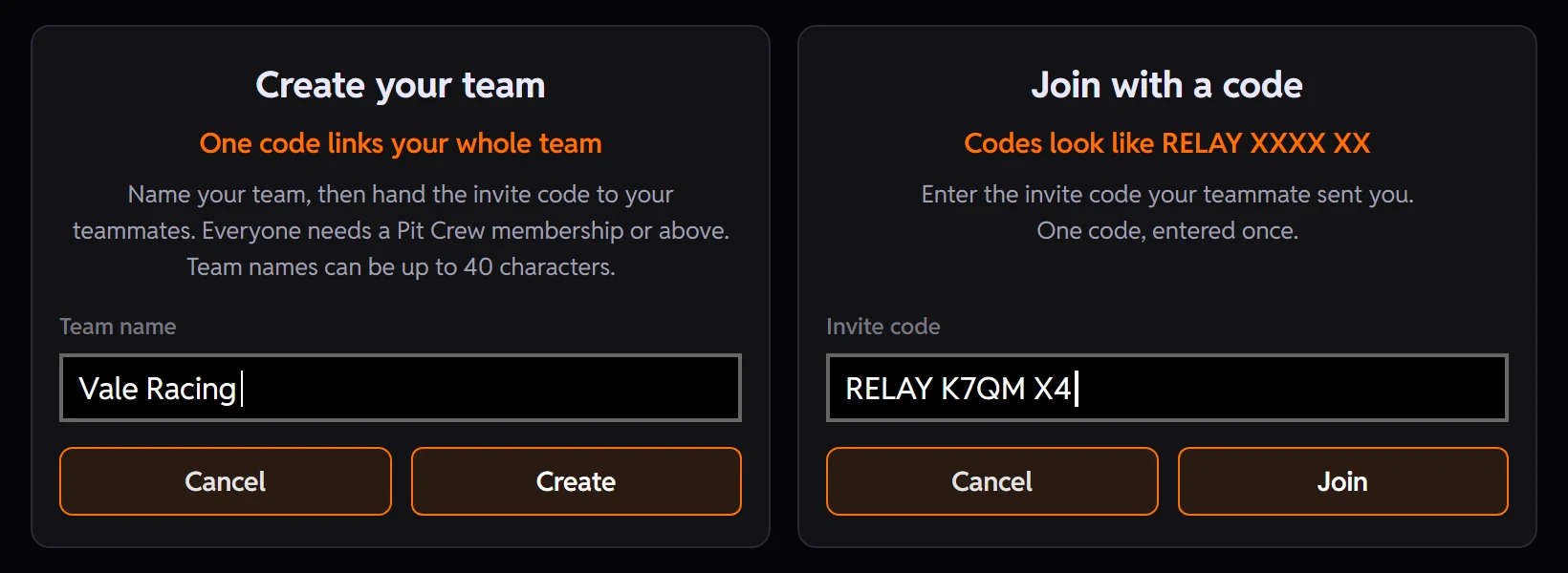 Two RELAY prompts side by side: Create your team, with a team name typed in and the line Name your team, then hand the invite code to your teammates, and Join with a code, with an invite code entered.