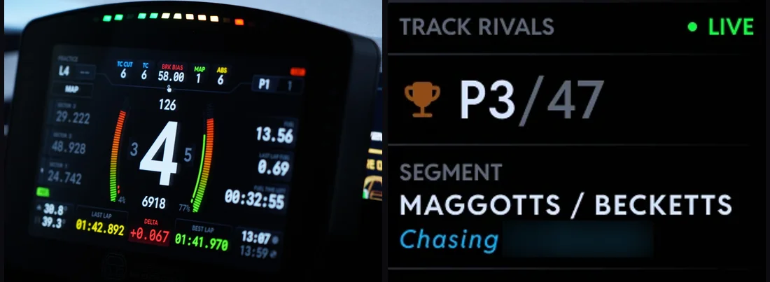 Left: the Endurance dashboard live in a real cockpit. Right: that dashboard's own Track Rivals zone, 'TRACK RIVALS - LIVE', your standing P3/47 and the rival yo