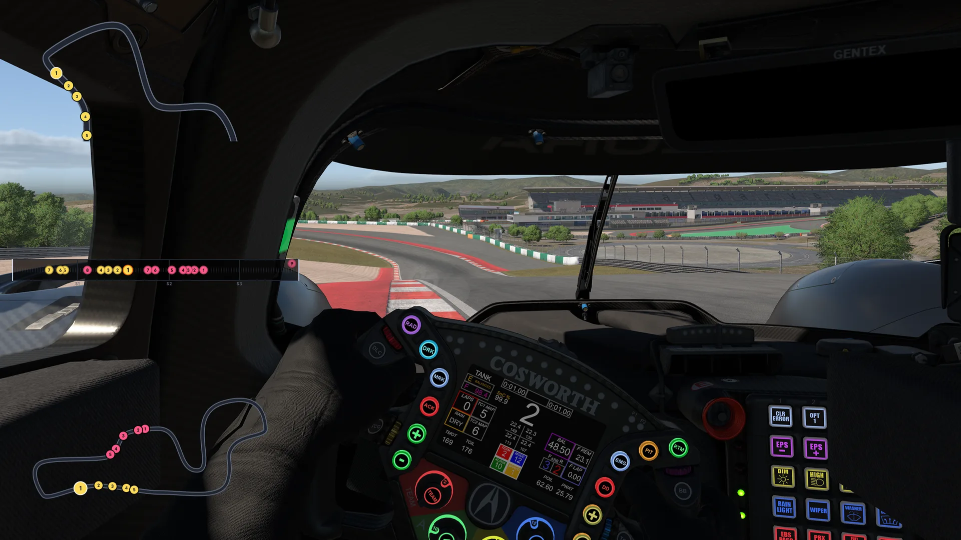 The TrackThirtyTwo Track Maps overlay in the sim, showing the full map, mini map and linear map together